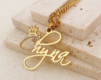 Custom Name Pendant Necklace, Diamond Crown Necklace, Personalized Name Necklace,Name Plate Necklace,Gold Name Necklace,Bling Name Necklace