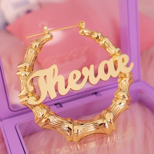 Custom Bamboo Earrings, Name Bamboo Earrings, Custom Hoop Earrings, Gold Name Earrings, Bling Name Hoop, Personalized Jewelry, Gift For Her
