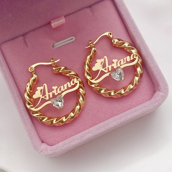 Custom Hoop Earrings, Birthstone Earrings, Twist Hoop Earrings, Bamboo Earrings, Personalized Name Earrings, Kids Name Earrings,Jewelry Gift