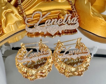 Custom Kids Name Bamboo Earrings and Necklace Set, Bling Jewelry