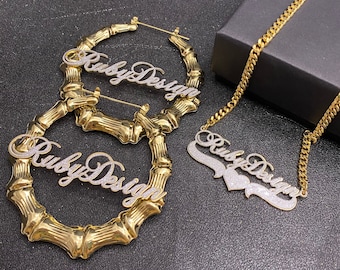 Custom Name Bamboo Earrings and Necklace Set, Bling Personalized Jewelry