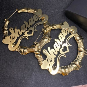 Bamboo Earrings,Custom Name Earrings,Bamboo Name Hoops,Personalized Bamboo Earrings,Name Earrings Gold,Women Bamboo Earrings,Gift for Her