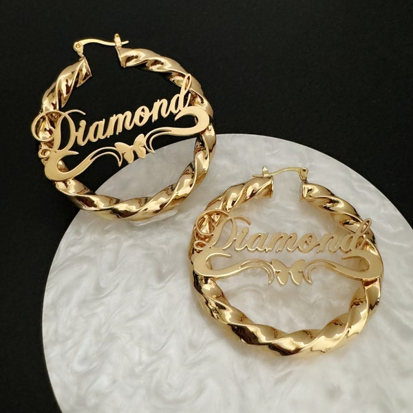 Gold Twisted Hoop Earrings,Custom Kids Hoop Earrings,Gold Hoop Earrings,Letter Hoop Earrings,Personalized Earring,Name Hoop,Best friend gift