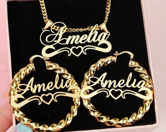 Kids Birthstone Jewelry Set, Gold Nameplate Necklace, Dainty Birthstone Necklace, Custom Name Earrings, Personalized Bangel, Birthday Gift