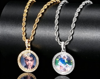 Aangepaste ronde stokbrood diamanten fotohanger ketting: hiphop geheugensieraden, cadeau voor hem