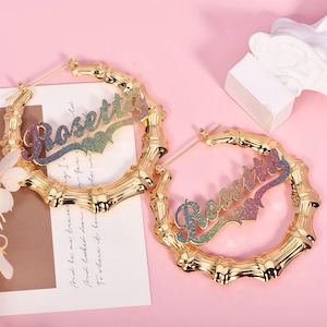 Bling Name Earrings, Custom Bamboo Earrings, Personalized Hoop Earrings, Bamboo Hoop Earrings, Customized Hoops, Name Jewelry,Birthday Gifts