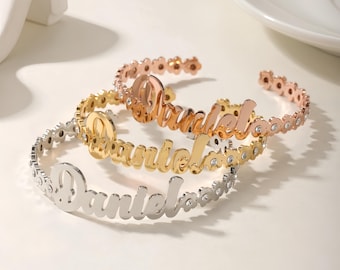 Custom Name Bracelet, Bangle Cuff Bracelet, Diamond Name Bracelet, Personalized Gift