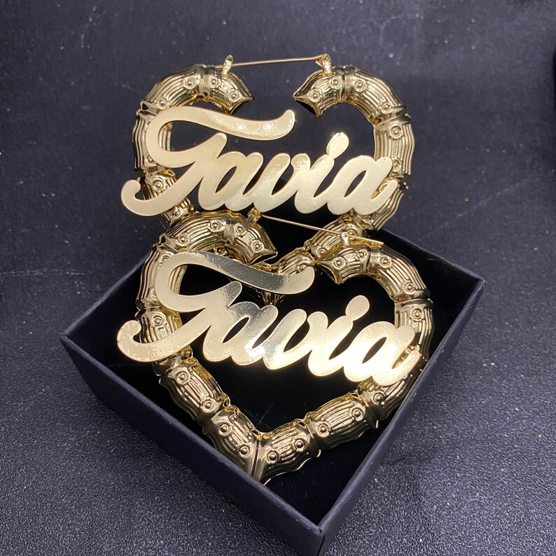 Custom Bamboo Earringsname Bamboo Earringsheart Bamboo Etsy