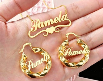 Set aangepaste naamketting en gedraaide oorringen: gepersonaliseerd sieraad