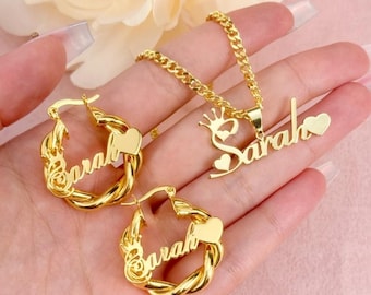 Aangepaste naamketting en ringoorbellen, gepersonaliseerde sieraden