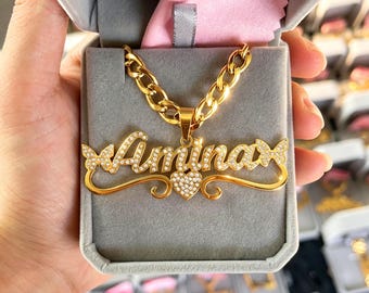 Custom Butterfly Heart Diamond Name Necklace: Iced Out Cursive Name Pendant, Gold Cuban Chain