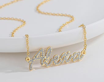 Custom Diamond Script Name Necklace: Sparkly Crystal Name Pendant, Dainty Gold Custom Name Jewelry Gift