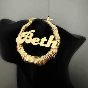 Custom Name Bamboo Earrings, Custom Name Earrings, Personalized Name Earrings, Gold Name Bamboo Hoops, Name Hoop Earrings, Nameplate Gift