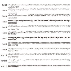 May include: A collection of 12 different fonts, each displayed with the alphabet, numbers 1 through 9, and the font name. The fonts are all in a cursive style.