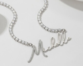 Custom Paved Crystal Name Necklace: Diamond Tennis Chain, Personalized Script Jewelry