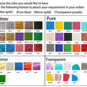 Op de afbeelding: Een tabel met verschillende kleur opties voor glitter, pure, spiegel en transparante afwerkingen. De kleuren omvatten transparant, zilver, goud, kleurrijk, zwart, blauw, geel, groen, roze, lichtblauw, champagne, paars, gelig groen, koninklijk blauw, roze, roze, rood, grijs, roya, oranje en wit.
