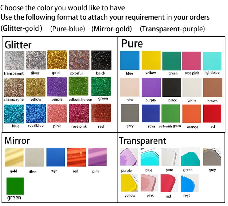 Op de afbeelding: Een tabel met verschillende kleur opties voor glitter, pure, spiegel en transparante afwerkingen. De kleuren omvatten transparant, zilver, goud, kleurrijk, zwart, blauw, geel, groen, roze, lichtblauw, champagne, paars, gelig groen, koninklijk blauw, roze, roze, rood, grijs, roya, oranje en wit.