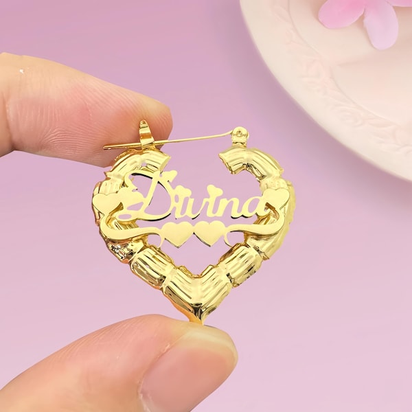 Custom Heart Name Earrings, Gold Bamboo Style, Personalized Jewelry