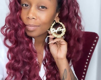 Custom Name Bamboo Hoop Earrings, Personalized XO Earrings