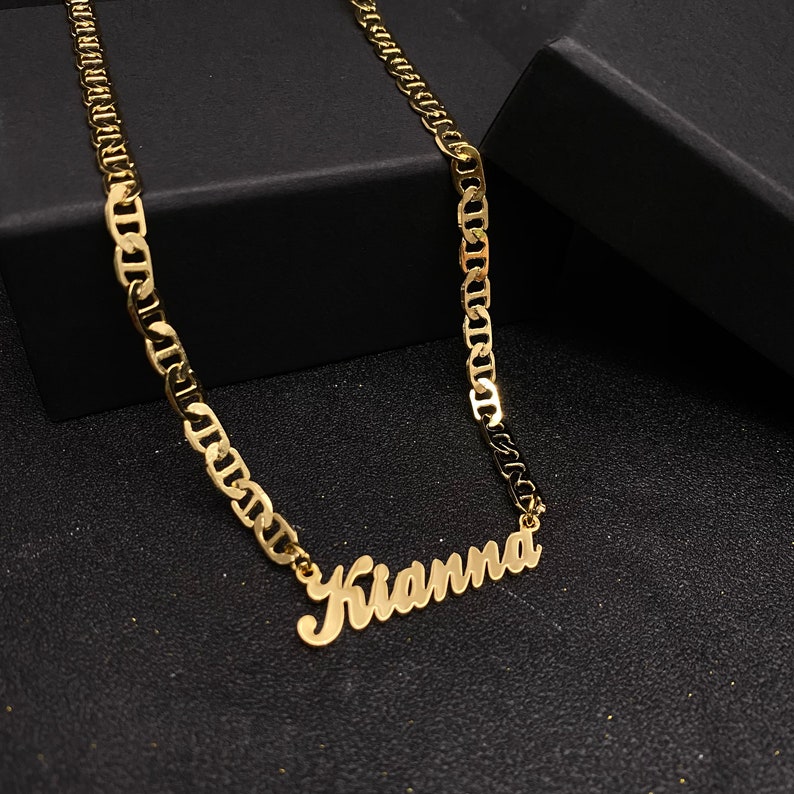 Name Engraved Chain Custom Personalized Name Necklace, Flat Chain Necklace, Gold Name ...