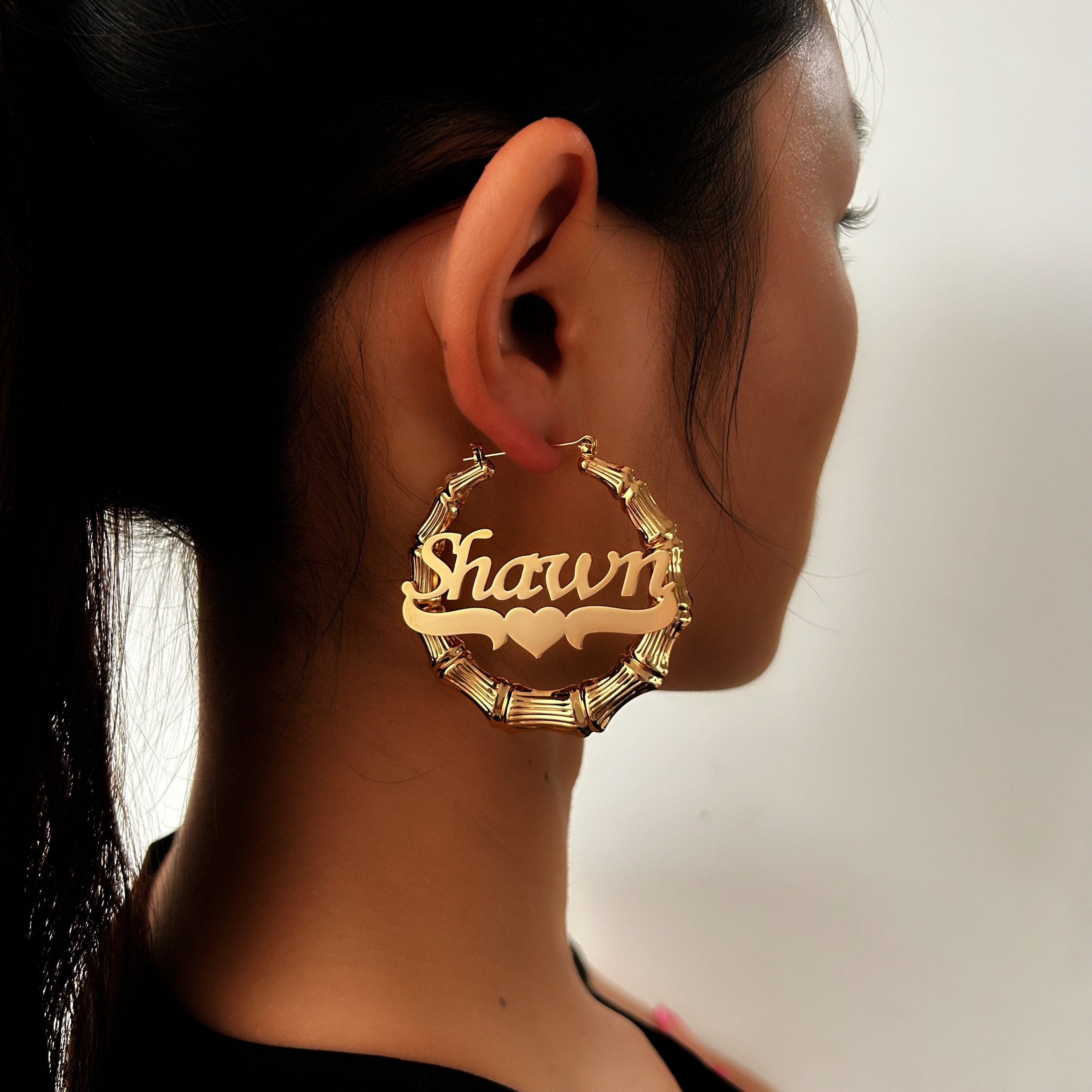 With Name Bamboo Hoop Earrings Name Customized Earrings Name