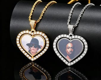 Iced Heart-ketting op maat gemaakte fotohanger: gepersonaliseerde hiphop-herinneringsbedel