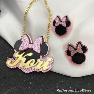 Custom Minnie Mouse Necklace-Name Necklace and Stud Set-Gift For Kids-Acrylic Name Necklace-Minnie Mouse Stud-Personalized Name Necklace