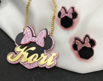 Collar personalizado de Minnie Mouse - Conjunto de collar con nombre y aretes - Regalo para niños - Collar de acrílico con nombre - Aretes de Minnie Mouse - Collar con nombre personalizado