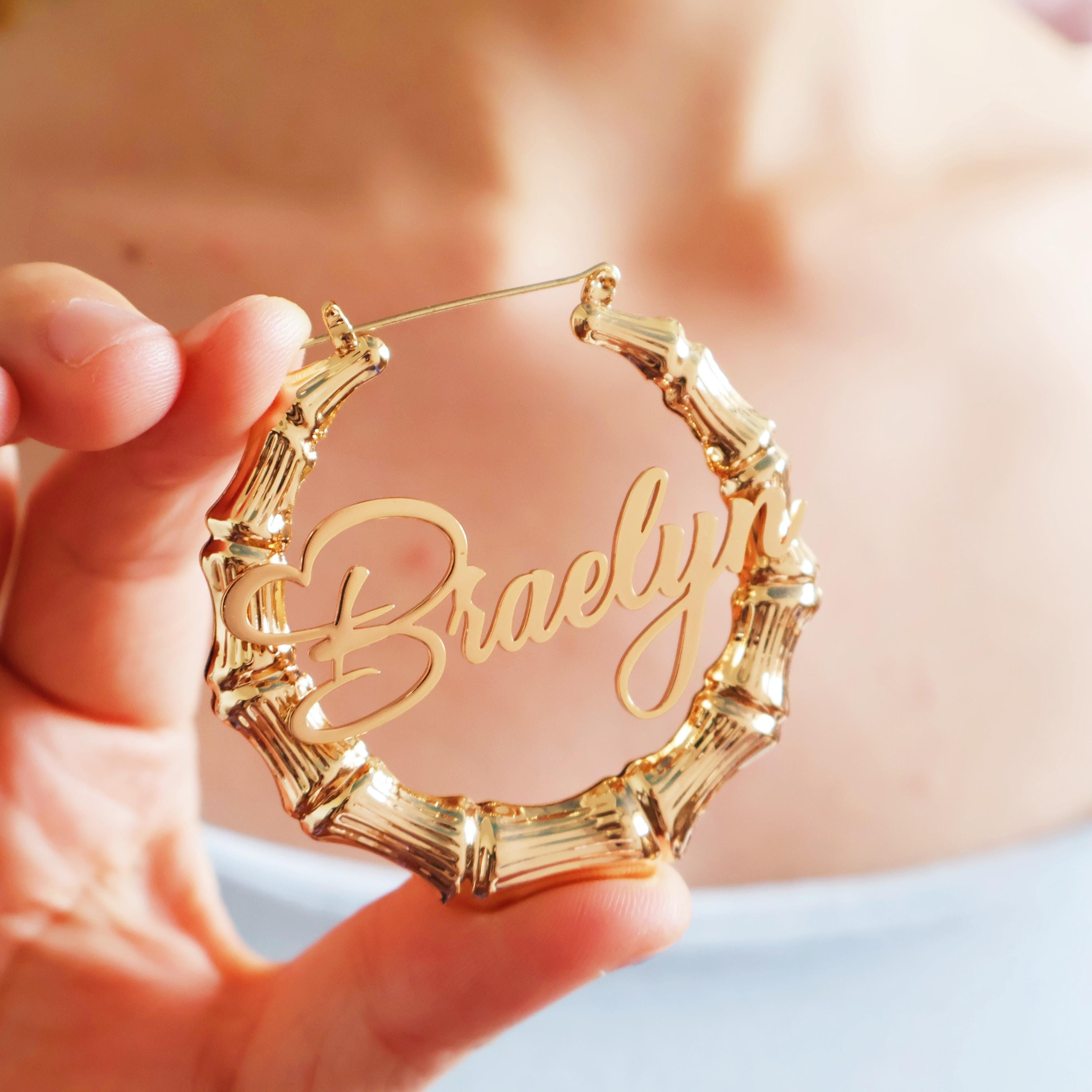 Custom Bamboo Earrings, Name Bamboo Earrings, Custom Name Earrings, Personalized Earrings, Bamboo Earrings, Customized Hoops, Gift For Her