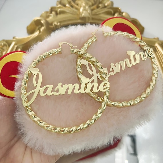 Custom Hoop Earrings, Name Twist Hoop Earrings, Name Earrings, Bamboo Earrings, Personalized Name Earrings, Large Nameplate Hoops Gift