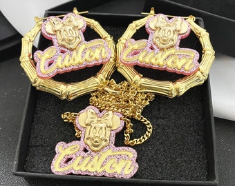 BAMBUS-OHRRING Minnie Maus Ohrring|Benutzerdefinierter Charakter Schmuck|Minnie Maus Halsketten-Set|Bambus Ohrringe Kinder|Personalisiertes Geschenk für Kinder