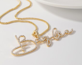 Custom Diamond Name Necklace: Gold Script Name Pendant with Box Chain