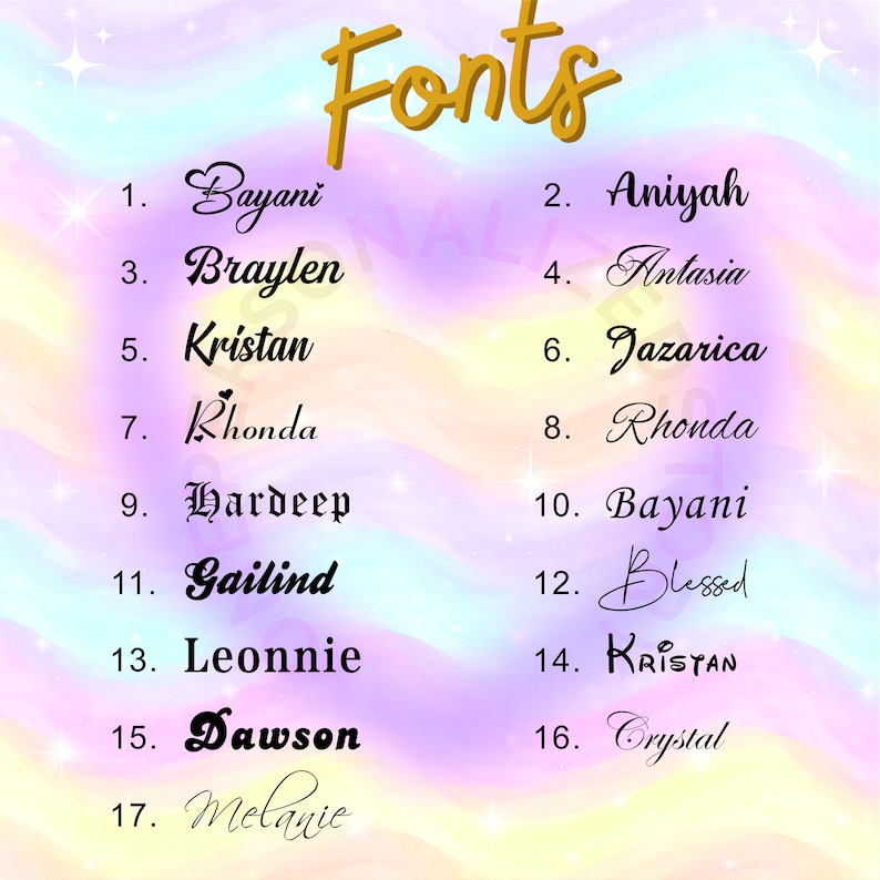 K&ouml;nnte beinhalten: Ein farbenfrohes Bild mit dem Wort "Fonts" oben und einer Liste von Namen in verschiedenen Schriftarten. Die Namen sind von 1 bis 17 nummeriert.