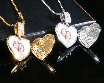 Iced Out Heart Locket-fotoketting: aangepaste foto ketting die kan worden geopend, hiphopsieraden