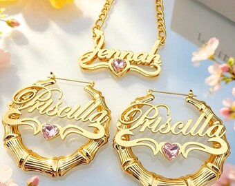 Aangepaste naam bamboe oorbellen en ketting set, cadeau voor haar