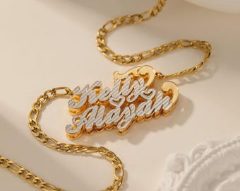 Custom Two Name Two Tone Necklace: Double Cursive Script Names Pendant, Figaro Chain Jewelry Gift