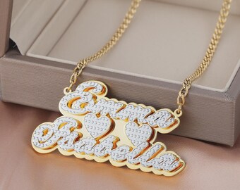 Aangepaste 3D tweekleurige dubbele naamketting met harten: Cubaanse ketting, aangepaste naam cadeau voor haar