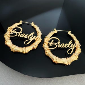 Custom Bamboo Earrings,Name Bamboo Earrings,Personalized Name Earrings,Kids Name Earrings,Gold Name Hoops,Women Earrings,Personalized Gift