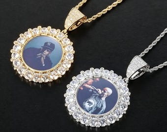 Aangepaste diamanten halo ronde fotohanger ketting: hiphop bling gepersonaliseerde foto geheugenketting