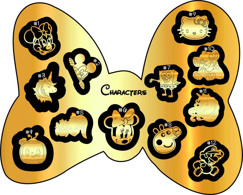 K&ouml;nnte beinhalten: Eine goldfarbene Schleife mit 12 Schwarzwei&szlig;-Charakterillustrationen. Die Charaktere umfassen Mickey Mouse, Minnie Mouse, Hello Kitty, SpongeBob Schwammkopf, ein Einhorn, einen L&ouml;wen, einen Marienk&auml;fer, einen K&uuml;rbis, ein Schwein, einen Pilz, eine Meerjungfrau und Mario.