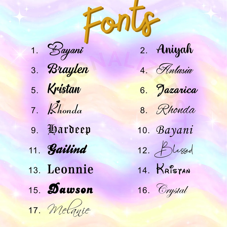 Op de afbeelding: Een kleurrijk beeld met het woord "Fonts" bovenaan en een lijst met namen in verschillende lettertypen. De namen zijn genummerd van 1 tot en met 17.