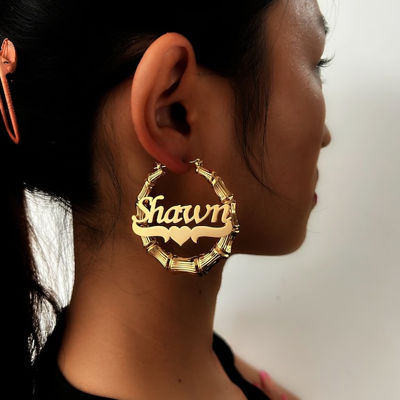 OnePersonalizedStory Custom Bamboo Earrings Bamboo Hoop Earrings Personalized Nameplate Earrings Gold Hoop Earrings Personalized Jewelry Earrings Gift for Her