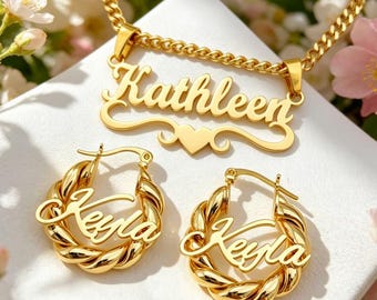 Aangepaste naamketting en ringoorbellen, gepersonaliseerde sieraden