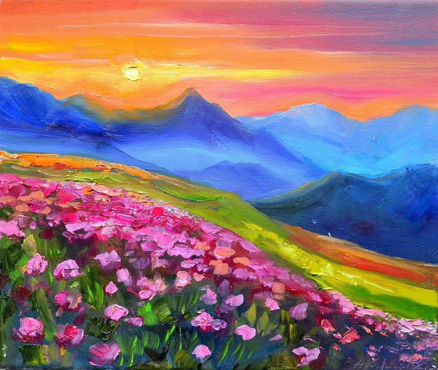 Original Painting Sunset Over the Mountains, Sunset Landscape