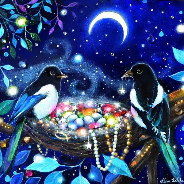 Original painting, magpie art, magpie nest, jewelry decor, treasure fairytale illustration, birds in the nest, night landscape, bird magpie