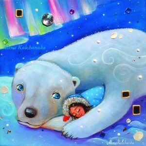 original painting bear art,white polar bear Painting with bear and girl Friendship, animal Arctic painting Fairy tale art Animal painting