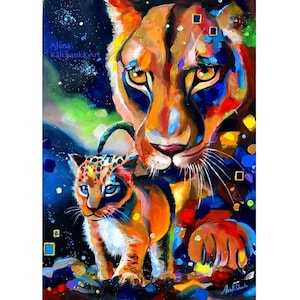 painting to order, Lioness with cub original painting, decor lion painting, animal painting, lion family illustration, modern painting