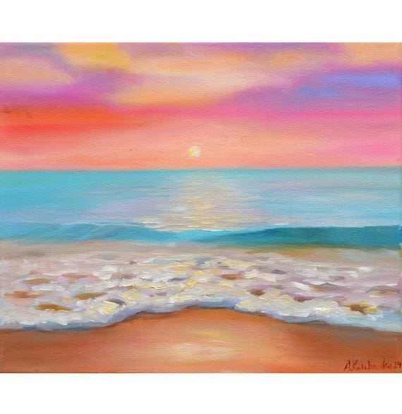 透明な水の絵の夕日アート、海の壁のアート、オリジナルの油絵の夕日の