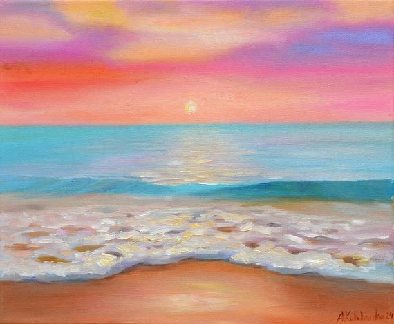 透明な水の絵の夕日アート、海の壁のアート、オリジナルの油絵の夕日の