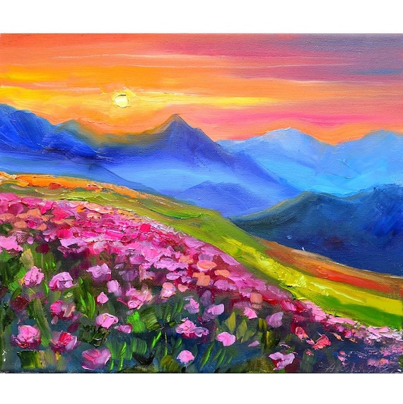 Original Painting Sunset Over the Mountains, Sunset Landscape